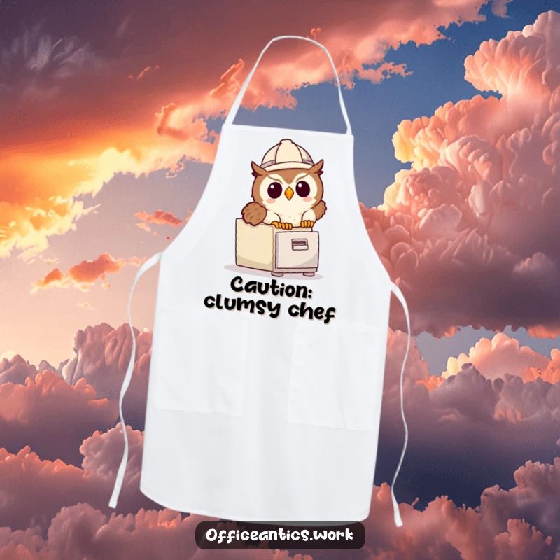 Funny apron featuring a cute owl in a hard hat tripping over a file cabinet, ideal for humorous kitchen protection.