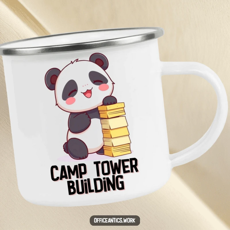 Funny camping mug featuring a giggling panda trying to stack sticky notes into a tower, great for outdoor humor.