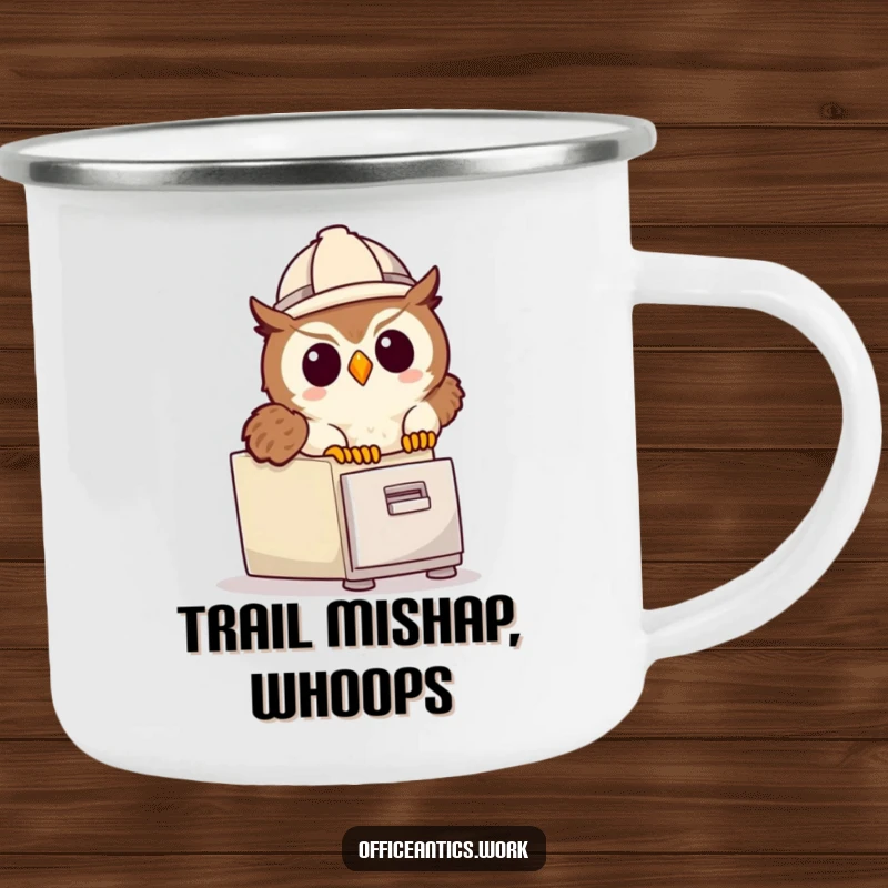 Funny camping mug featuring a cute owl in a hard hat tripping over a file cabinet, great for outdoor adventures.