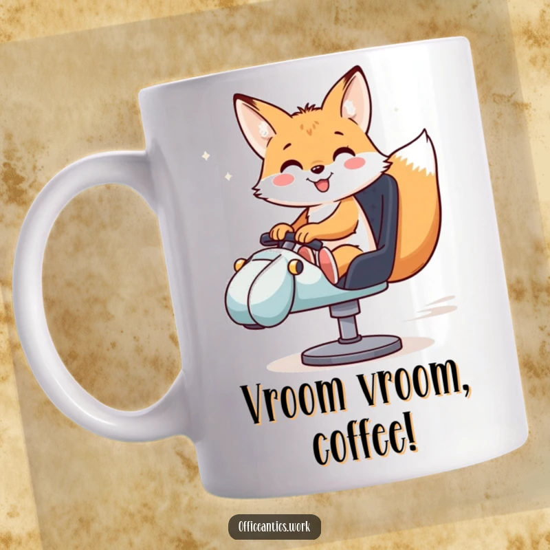 Funny mug showing a smiling fox in a swivel chair, pretending to be a race car driver, perfect for office antics.