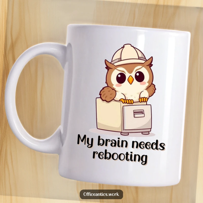 Funny mug showing a cute owl wearing a tiny hard hat, tripping over a file cabinet, perfect for office humor gifts.