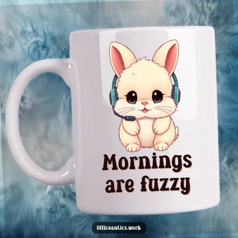 Funny mug showing a fluffy rabbit wearing a headset backward, looking confused, ideal for tech humor lovers.