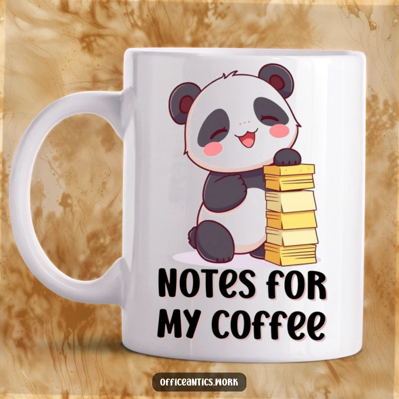 Funny mug showing a giggling panda trying to stack sticky notes into a wobbly tower, perfect for office humor.