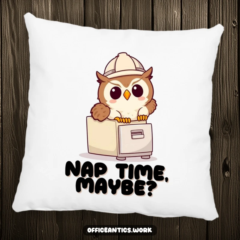 Funny pillow with a cute owl wearing a hard hat, tripping over a file cabinet, offering soft and humorous decor.