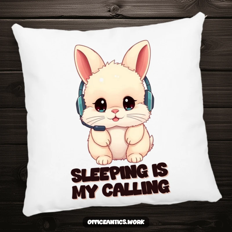 Funny pillow featuring a fluffy rabbit wearing a headset backward, providing soft comfort and humorous appeal.