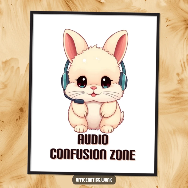 Funny digital art print of a fluffy rabbit wearing a headset backward, perfect for quirky and humorous wall decor.
