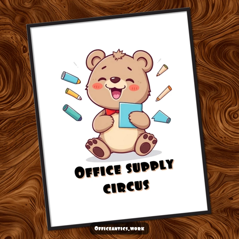 Funny digital art print of a cheerful bear cub juggling office supplies with a silly grin, perfect for joyful decor.