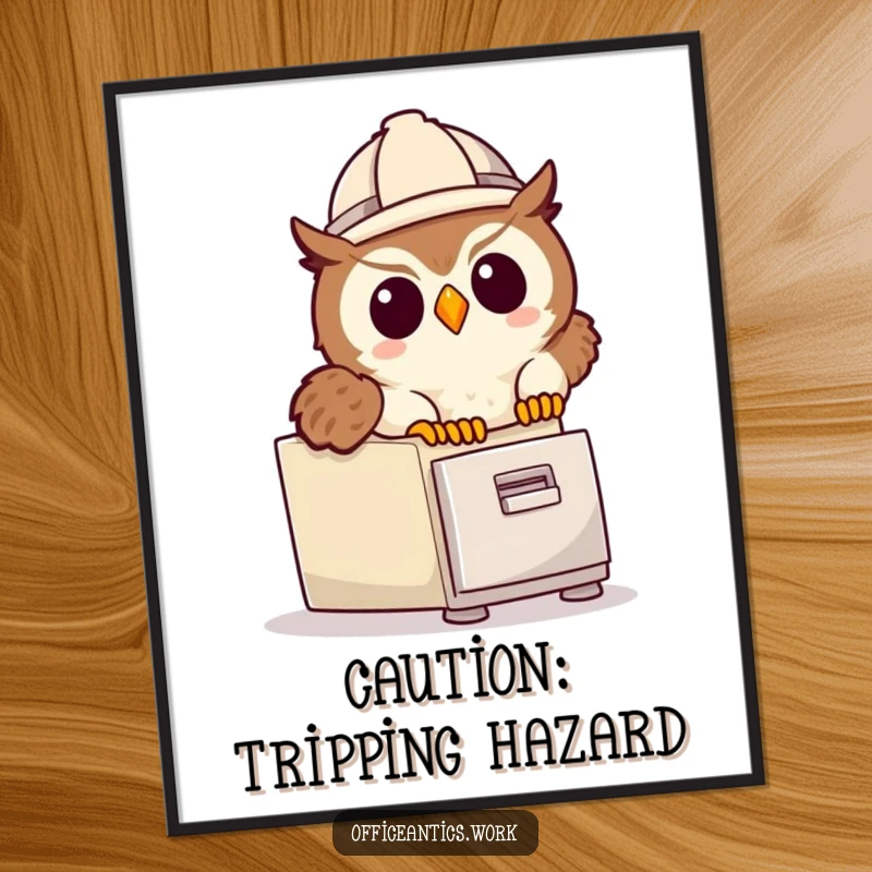 Funny digital art print of a cute owl in a hard hat tripping over a file cabinet, perfect for humorous wall decor.