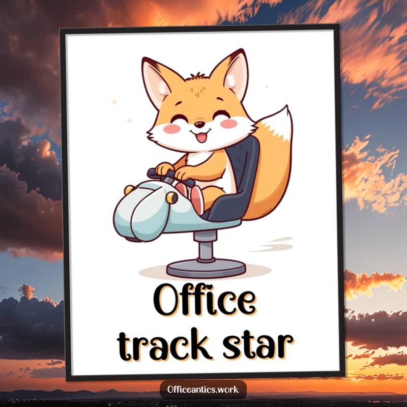 Funny digital art print of a smiling fox riding a swivel chair like a race car, perfect for energetic decor.