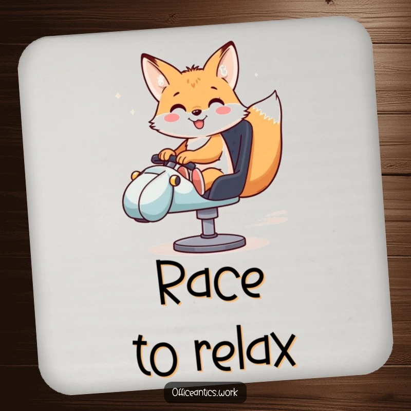 Funny drink coaster with a smiling fox riding a swivel chair like a race car, perfect for playful protection.
