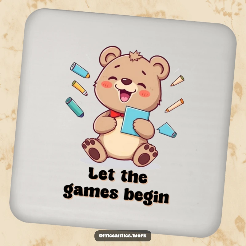Funny drink coaster featuring a cheerful bear cub juggling office supplies with a silly grin, perfect for playful decor.