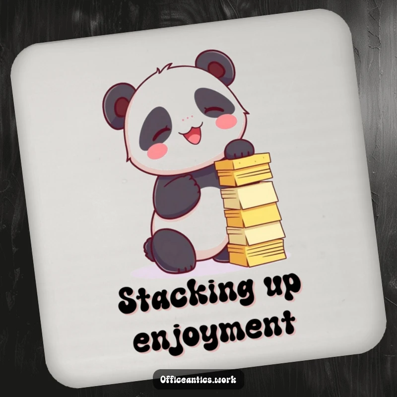 Funny drink coaster with a giggling panda trying to stack sticky notes into a tower, perfect for playful protection.
