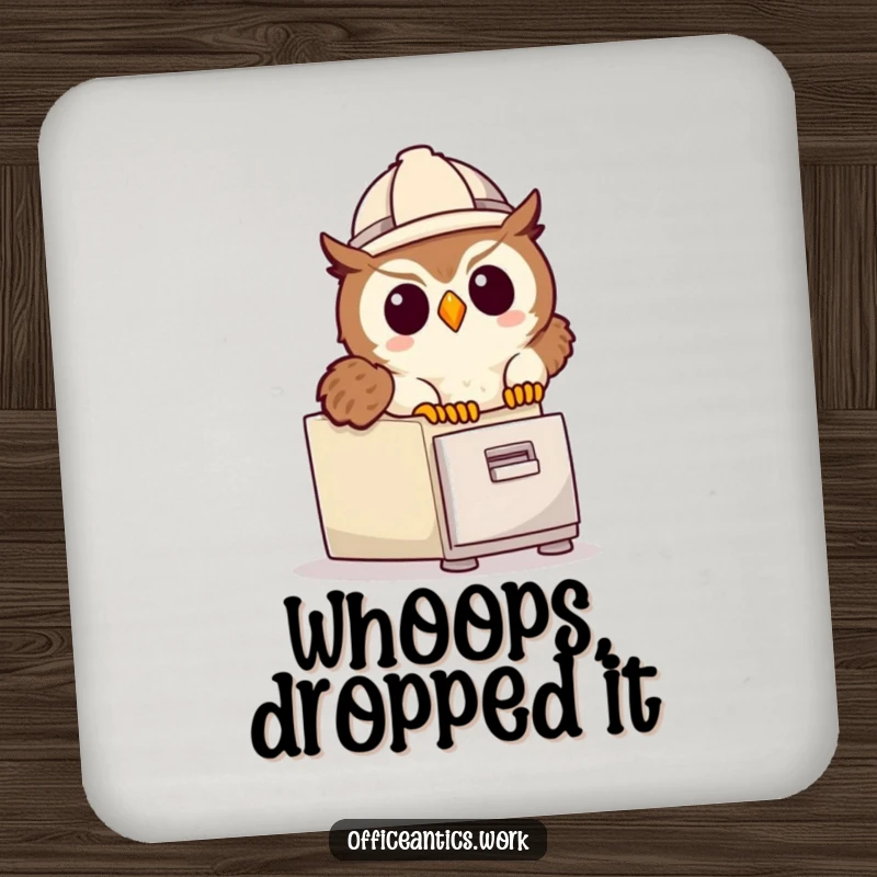 Funny drink coaster with a cute owl in a hard hat tripping over a file cabinet, protecting surfaces with humor.