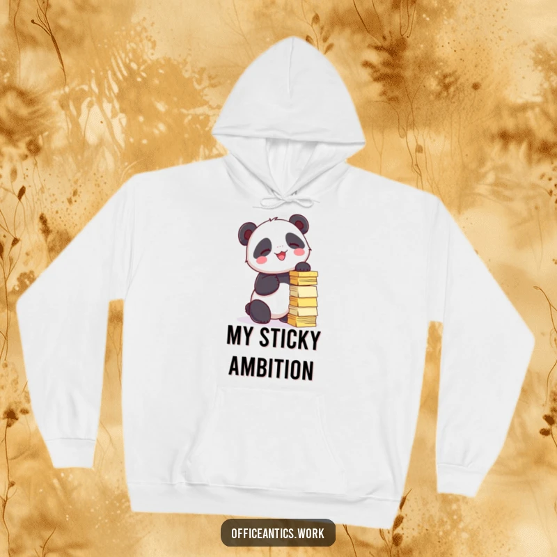 Funny hoodie showing a giggling panda trying to stack sticky notes into a tower, perfect for cozy creativity.