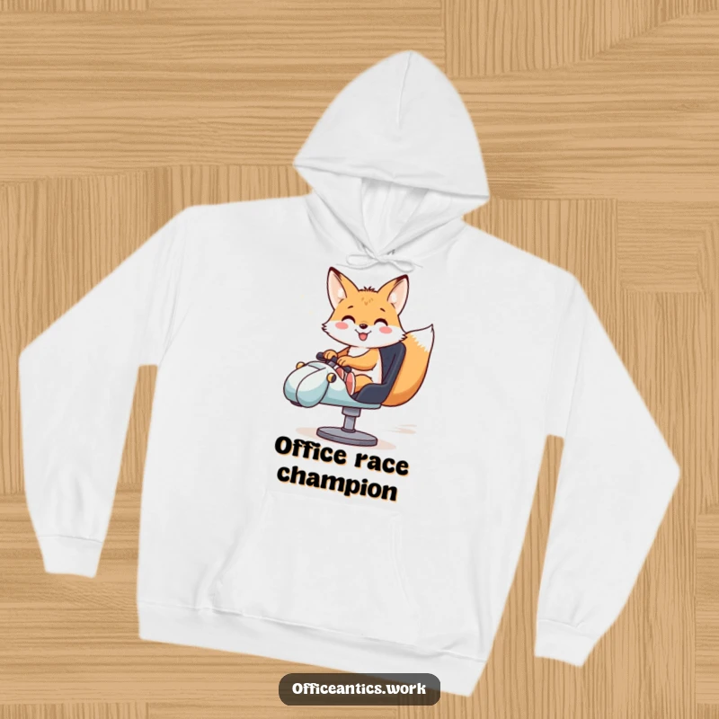 Funny hoodie depicting a smiling fox riding a swivel chair like a race car, ideal for cozy and humorous wear.