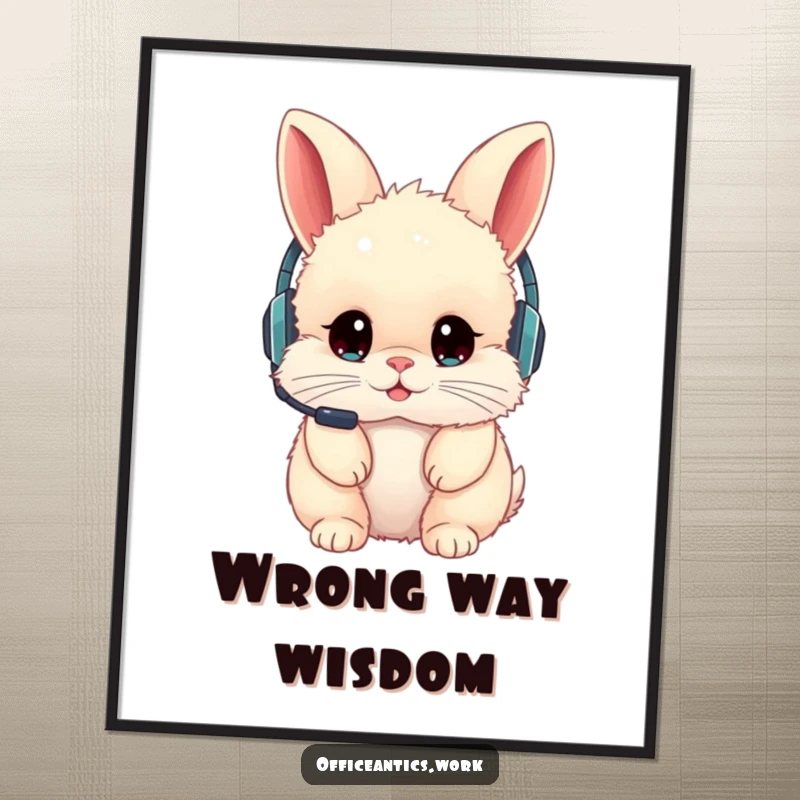 Funny Free Printable Wall Art: Fluffy rabbit wearing communication headset backwards, silly oops.