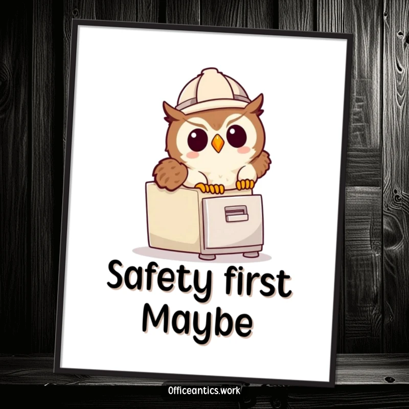 Funny Free Printable Wall Art: Cute owl with hard hat tripping hazards, office humor decor.