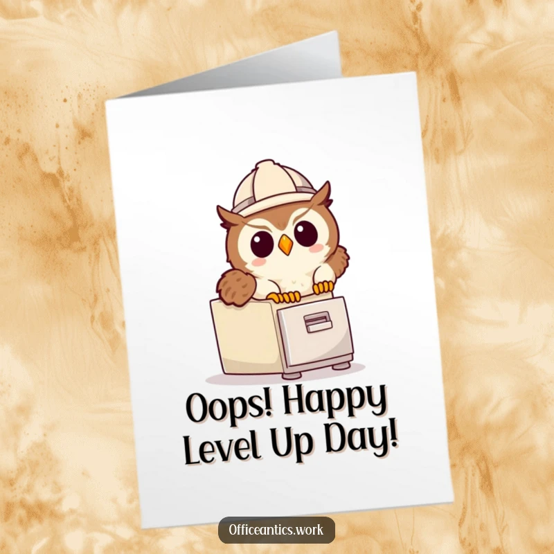 Funny Free Printable Birthday Card: Cute owl in hard hat tripping over file cabinet, office comedy.
