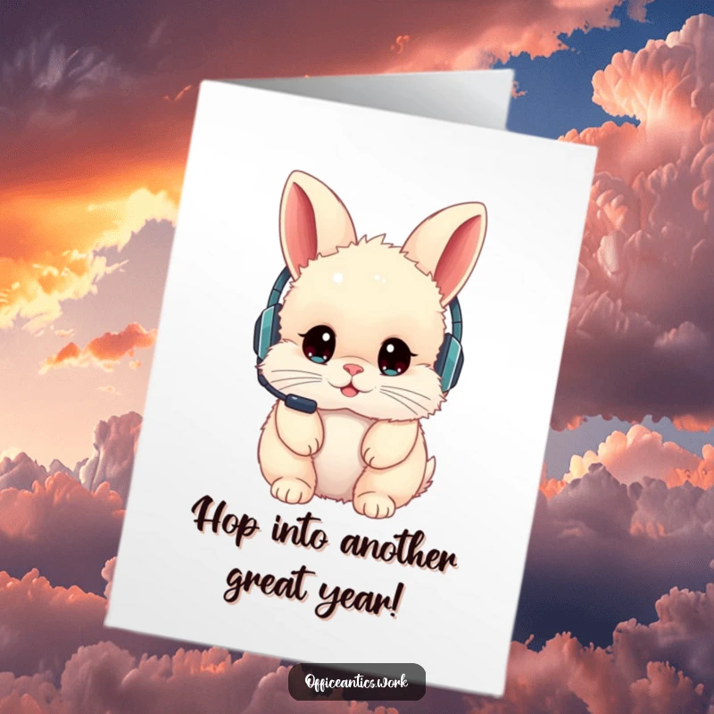 Funny Free Printable Birthday Card: Fluffy rabbit wearing headset backwards, communication mishap humor.