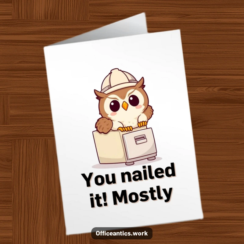 Funny Free Printable Congrats Card: Owl wearing hard hat tripping, office mishap celebration art.