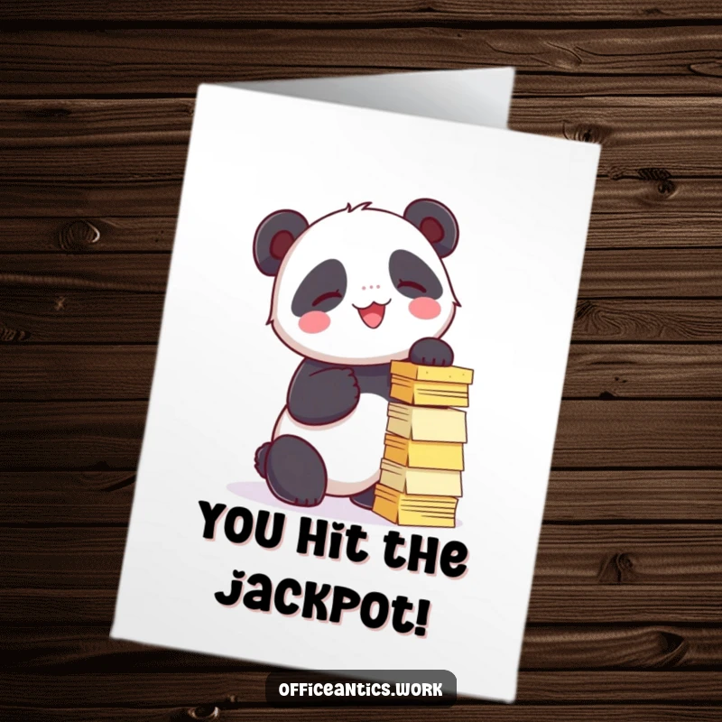 Funny Free Printable Congrats Card: Panda giggling while stacking sticky notes, achievement art.