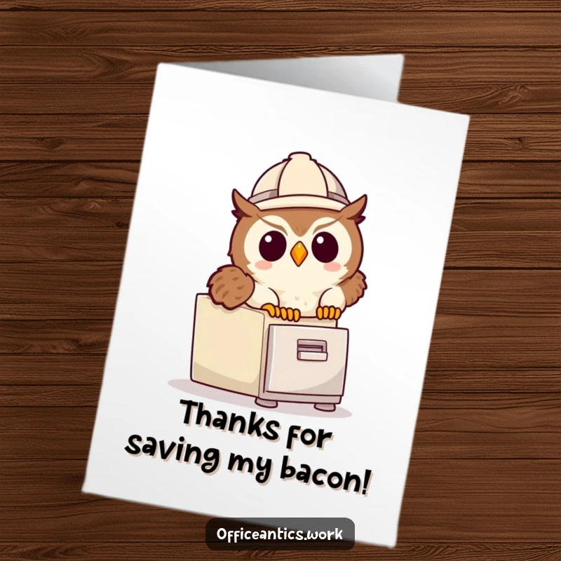 Funny Free Printable Thank You Card: Cute owl in hard hat tripping over a file cabinet.