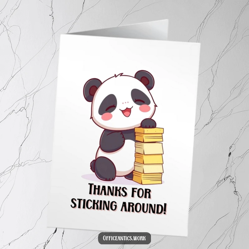 Funny Free Printable Thank You Card: Giggling panda trying to stack sticky notes into a tower.