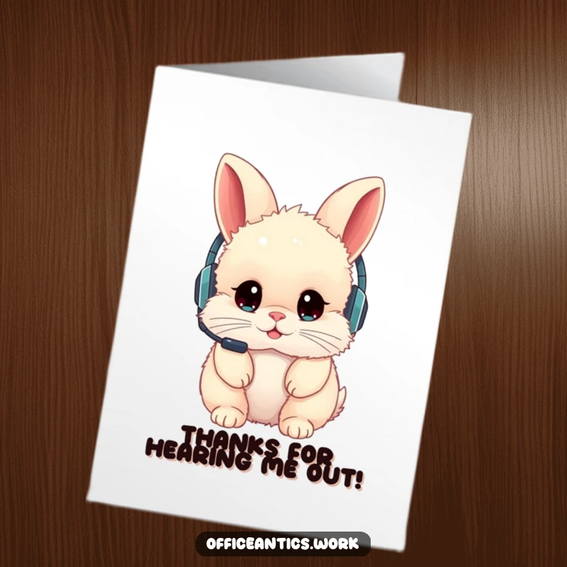 Funny Free Printable Thank You Card: Fluffy rabbit wearing headset backwards, oops communication.