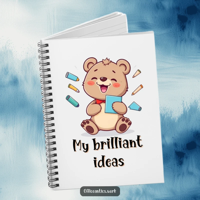 Funny notebook with a cheerful bear cub juggling office supplies, perfect for jotting down notes with a smile.