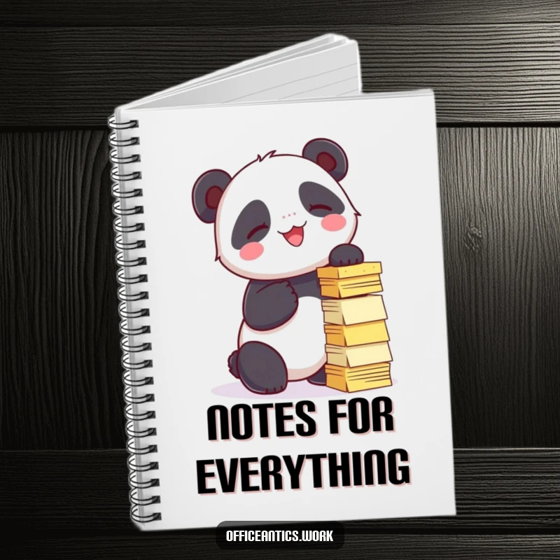 Funny notebook with a giggling panda trying to stack sticky notes into a tower, great for writing and office humor.