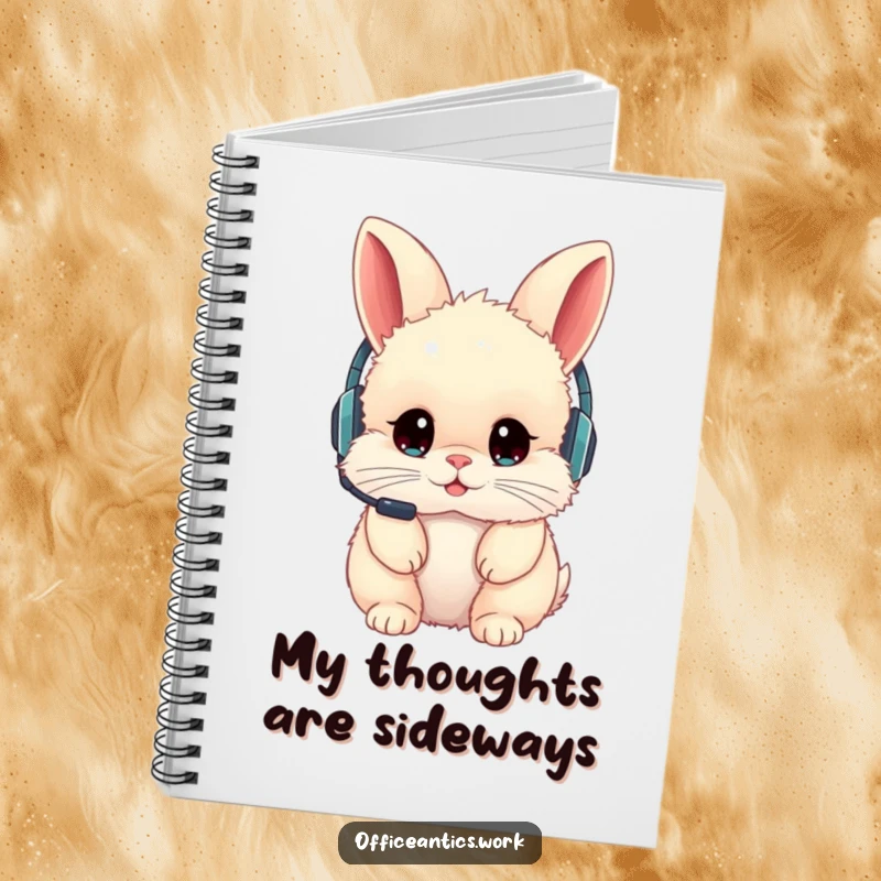 Funny notebook with a fluffy rabbit wearing a headset backward, great for writing and storing funny thoughts.