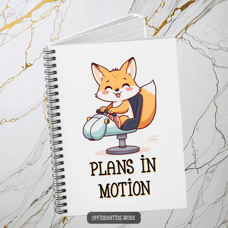 Funny notebook with a smiling fox riding a swivel chair like a race car, great for writing and planning.