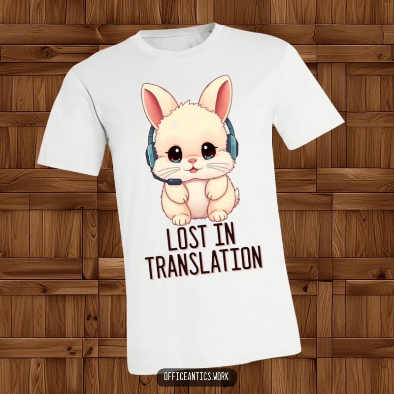 Funny t-shirt featuring a fluffy rabbit wearing a headset backward, looking slightly bewildered, great for tech mishap humor.