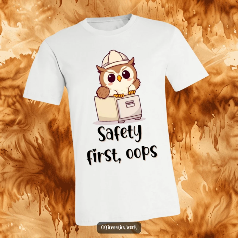 Funny t-shirt depicting a cute owl in a hard hat tripping over a file cabinet, great for office humor lovers.