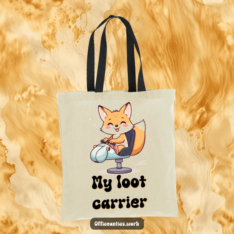 Funny tote bag featuring a smiling fox riding a swivel chair like a race car, perfect for carrying essentials humorously.